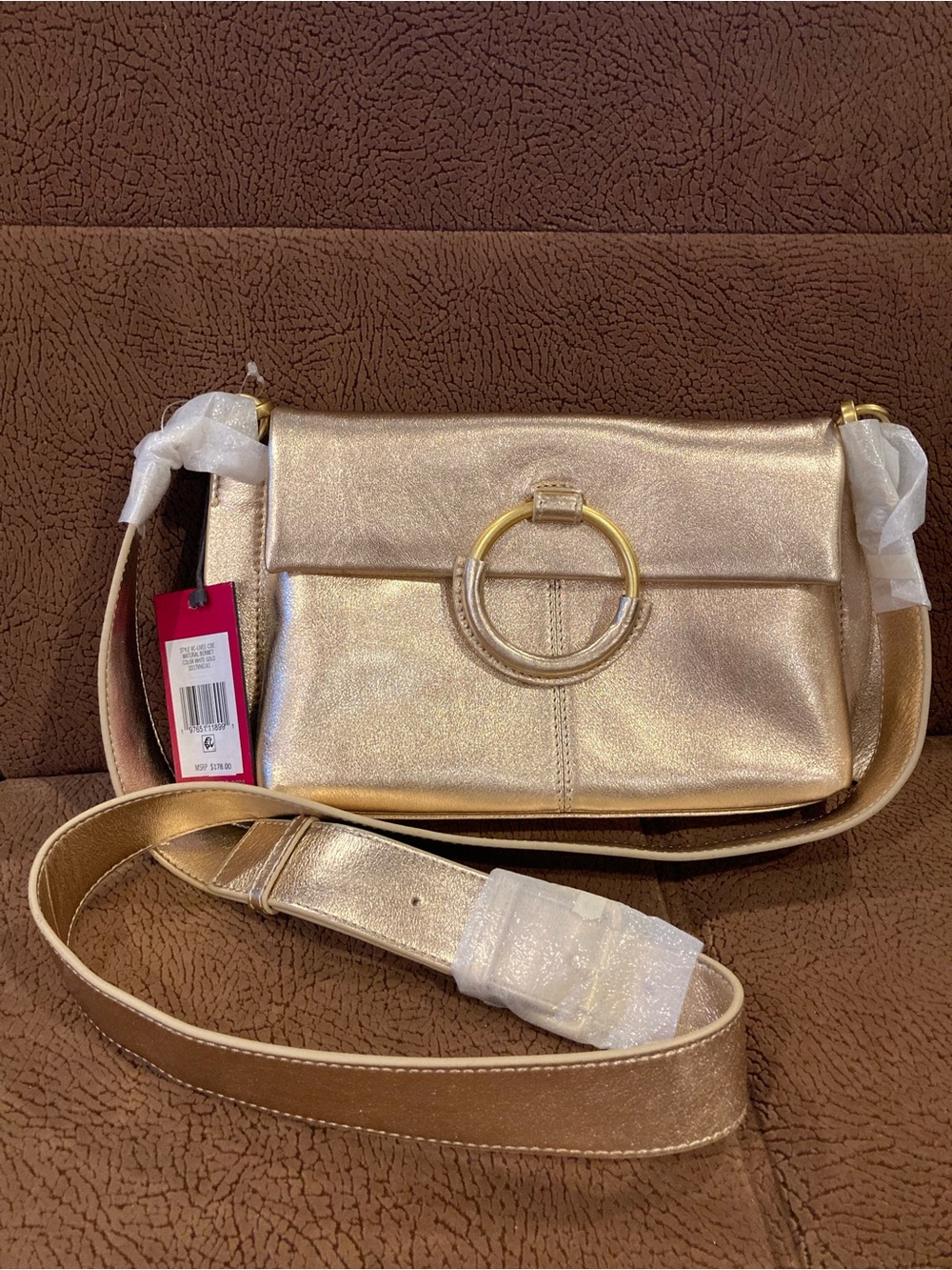 Vince Camuto Genuine Leather Metallic Gold Crossbody with Ring Accent